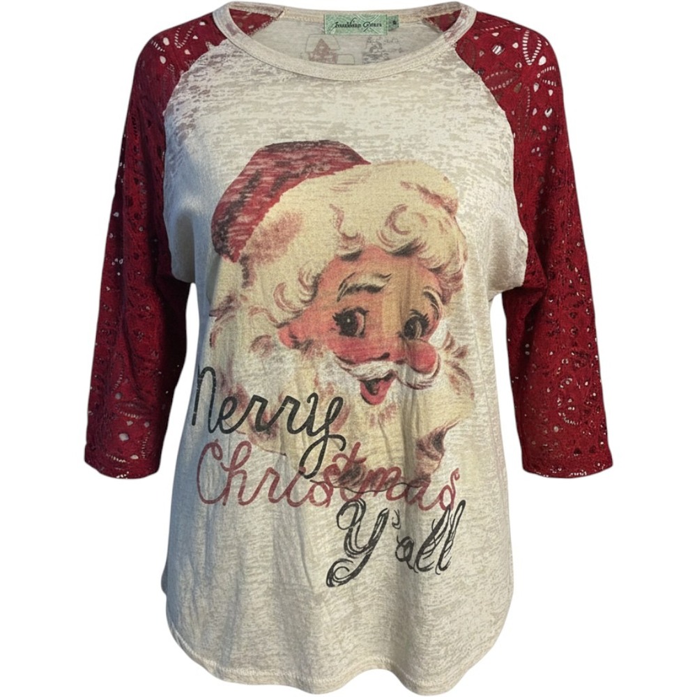Southern Grace Christmas Top Santa Graphic XL Cream Red Lace Sleeves